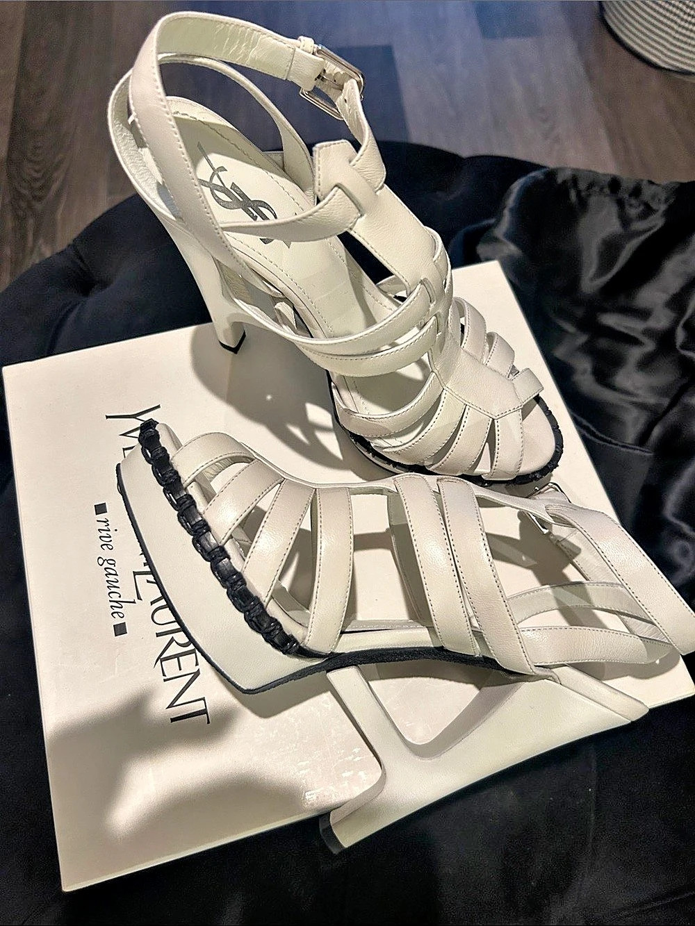 Saint Laurent Tribute Platform Sandals White & Black Heels